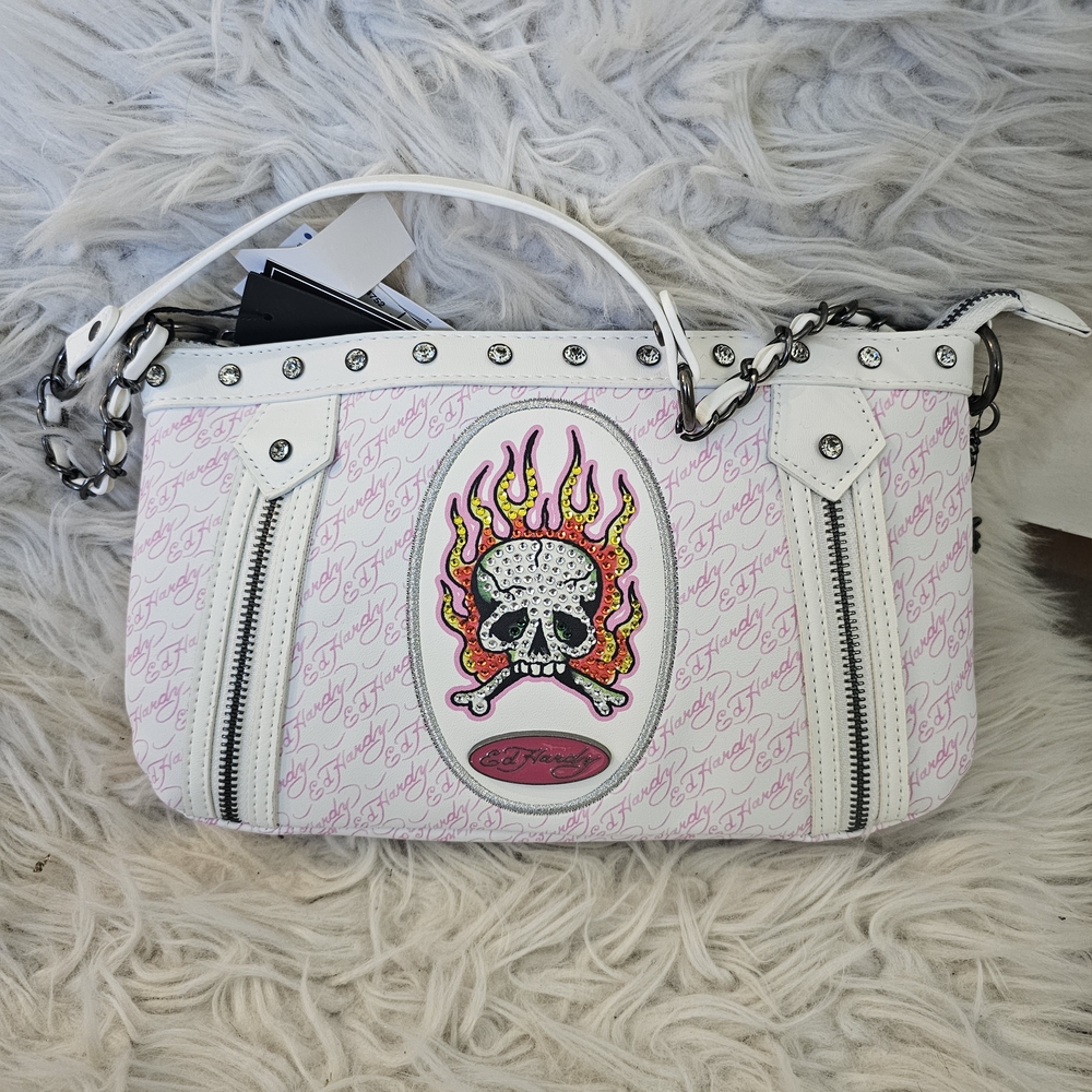 Ed Hardy White and Pink Skull Shoulder Bag